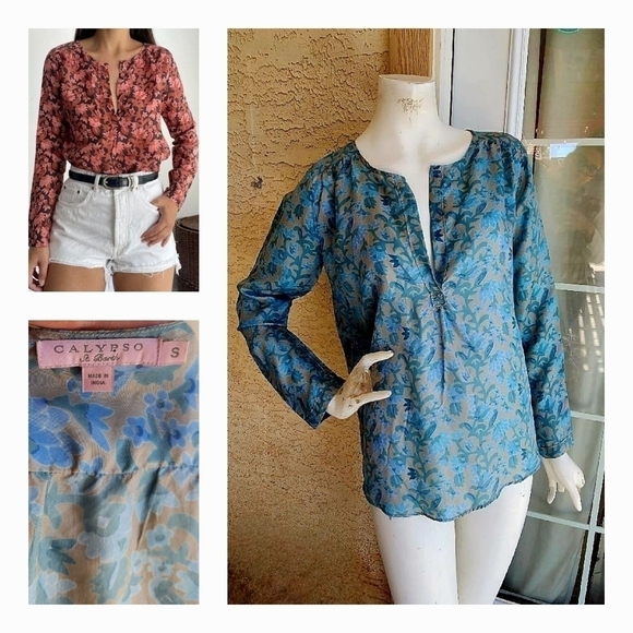 Calypso St.‎ Barth  Blue Long Sleeve Silk Top - Picture 1 of 12